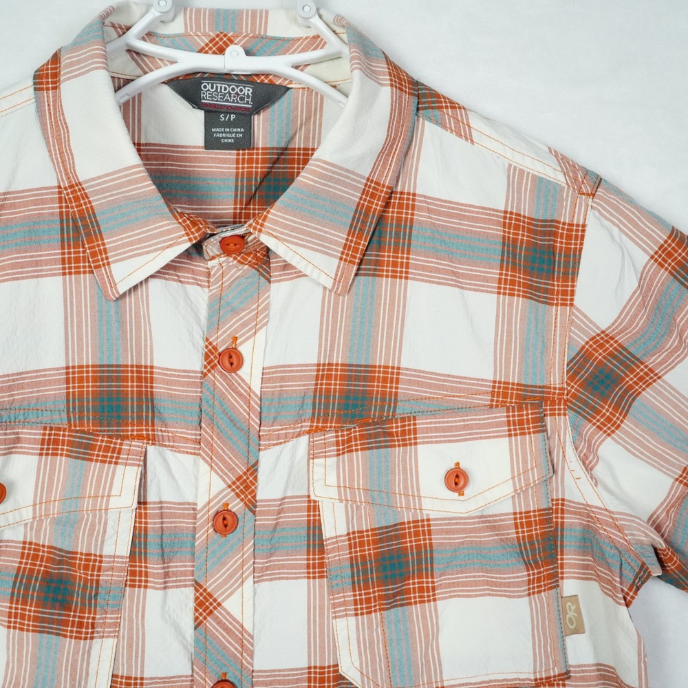 Outdoor Research Wanderer Mens Small Plaid Short Sleeve Hiking Shirt Orange Blue
